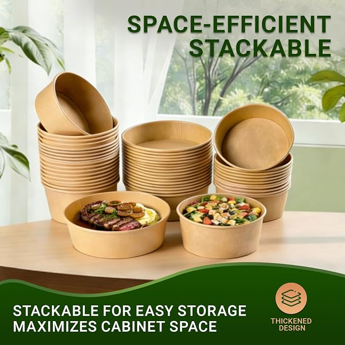 300 Pcs Disposable Round Paper Bowls with Lid 17 oz, Microwave Deli Containers Leakproof Acai Bowls, Salad Bowlwith Lid for Lunch, Disposable bowls with lids for Soup Toppings Snack Camping Family - Image 6