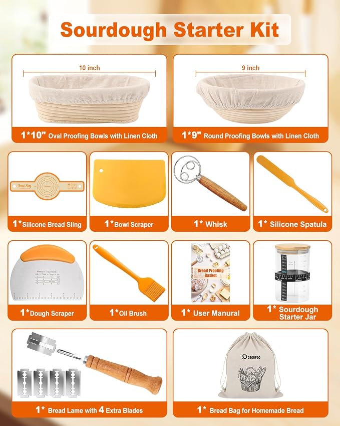 Sourdough Bread Baking Supplies Tools,10 Inch Oval & 9 Inch Round Banneton Bread Proofing Basket Set,Sourdough Starter Kit Gift for Bread Making (white with Starter Jar) - Image 3