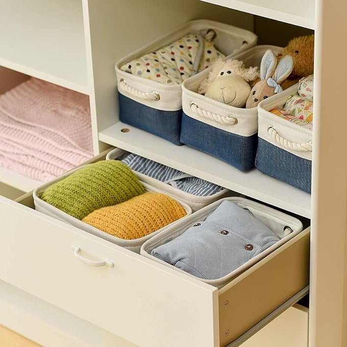 Storage Basket for Organizing - Small 12x8x5.2 inch 6 Pack Collapsible Storage Bin for Shelves, Canves Storage Cubes for Organizer Cloth Box Gift Toys Closet (White & Jean Blue) - Image 2