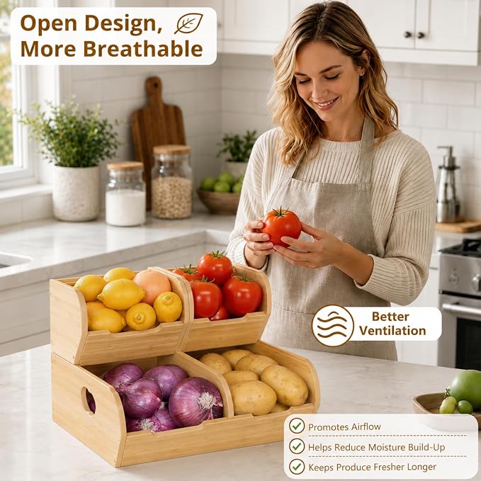 Potato and Onion Storage Bin – 3 Pack Bamboo Pantry Organizer Baskets for Kitchen Counter, Stackable & Ventilated Produce Basket for Fruit, Vegetable, Garlic & Snacks - Image 5