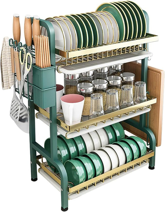 CAKERS Dish Drying Rack with Removable Drain Tray|Carbon Steel Dish Strainers for Kitchen Counter|Tableware Holder Dinnerware Drainer Organizer,Green-Gold,3 Tier-Main Shelf with Set by CAKERS