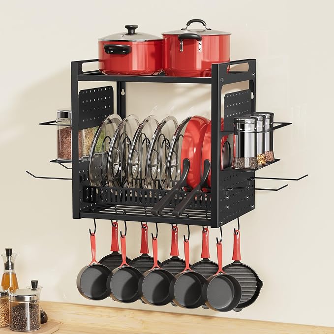 Wall Mounted 16" Pot Rack，2 Tier Kitchen Pots & Pan Organizer with 10 Hooks | Spice Rack & Pot Lid Holder, Heavy Duty Steel Pot and Pan Hanger for Kitchen Cookware Utensils Storage - Image 6