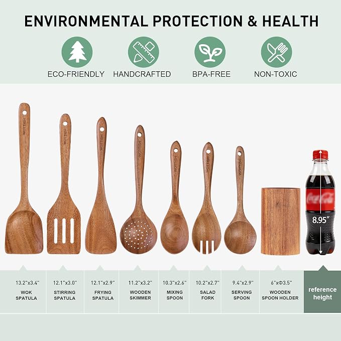 Wooden Spoons for Cooking - 8-Piece Wooden Kitchen Utensil Set made of Natural Solid Wood Material-Includes Spoons,Spatulas,Ladles,Mixing Spoon and Utensil Holder,Valentine's Day Gifts - Image 7