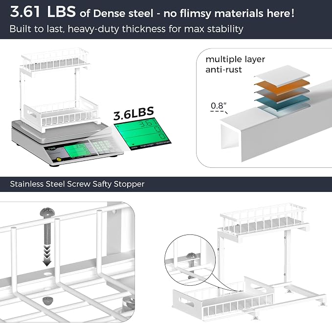 2-Pack L-Shaped Under Sink Organizer, 2-Tier Pull-out Cabinet Rack | White Height-Adjustable Metal Rack, Sliding Grid Drawers with Safety Stopper, Holds 100 Lbs, Ideal Kitchen Cabinet Storage - Image 4