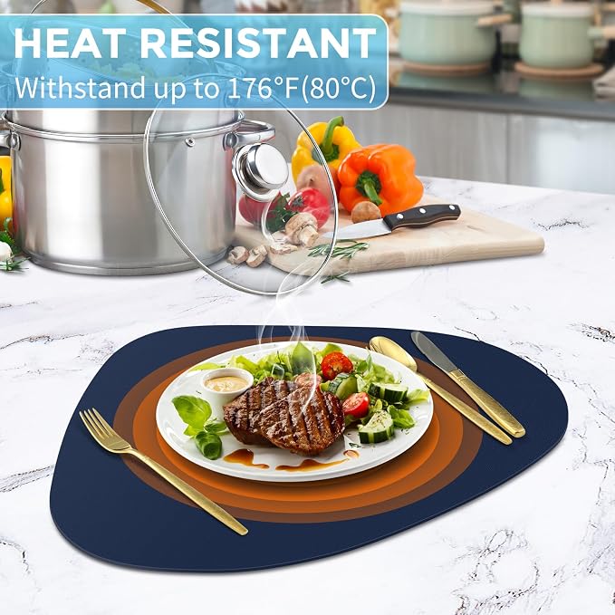 Faux Leather Placemats Set of 4, Wipeable & Washable Table Mats | Waterproof, Heat-Resistant & Easy to Clean Round Place Mats for Dining & Kitchen, 17''x13'', Blue - Image 2