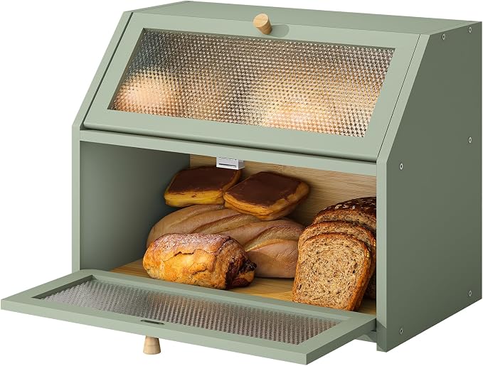 STDDRE Bread Box for Kitchen Countertop Bin Double Layer Bread Box Storage Container Extra Large Capacity Farmhouse with Diamond Pattern Windows (Green, Large) by LifeTakesaDifferentTurn