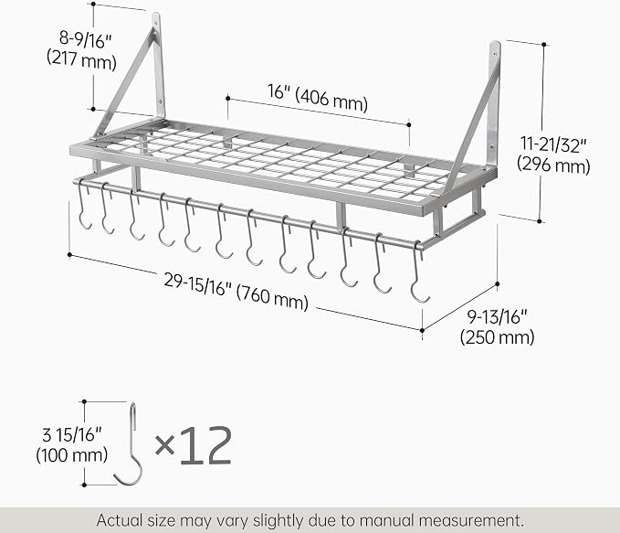 KES 30-Inch Silver Gray Pot Rack with 12 Sturdy Hooks, Wall Mounted | Holds 88 lbs, Cast Iron Pots and Pans Organizer, Kitchen Wall Hanging Hanger Shelves, Modern, KUR215S75A-SG - Image 5