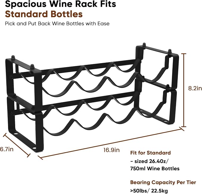 Wine Rack for Countertop – Stackable Freestanding Bottle Organizer for Kitchen, Pantry, Bar Cabinet & Small Spaces – Compact Metal Shelf & Modular Storage Stand (2 Tier) - Image 5
