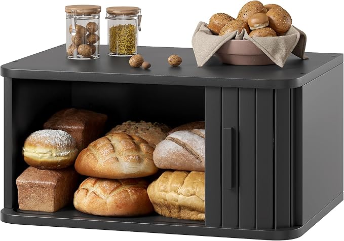 WOWLIVE Roll Top Bread Box for Kitchen Countertop, Bamboo Bread Storage | Airtight Bread Containers, Large Bread Bin with Sliding Door for Loaves, Bagels, Countertop Storage Cabinet, Black, Medium by WOWLIVE