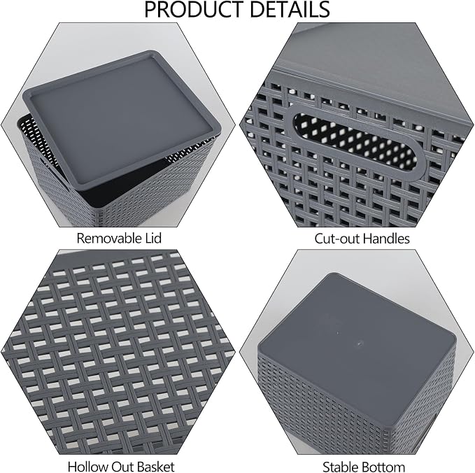 Ggbin 6-Pack Large Plastic Weave Storage Baskets Bins with Lids, Grey | Stackable - Image 3