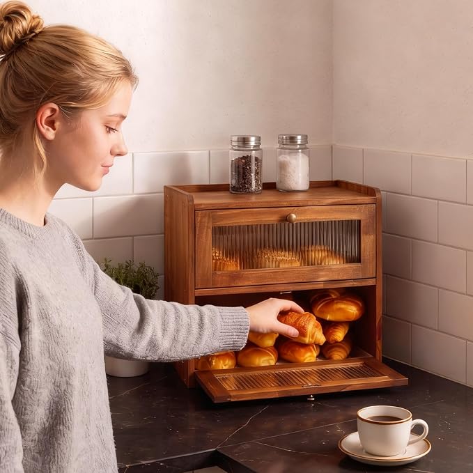 Alpeir Wooden Bread Box for Kitchen Countertop, Large Double Layer, Brown | Food-Safe Pine Wood, Double-Row Ventilation, Strong Acrylic Window, Raised Top Shelf, Easy Care, Farmhouse Corner Container - Image 2