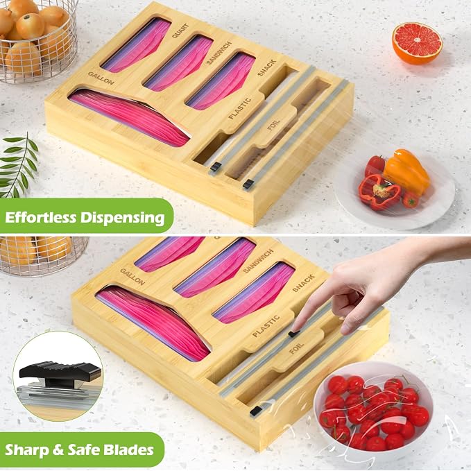 6 in 1 Bag Organizer and Wrap Dispenser with Magnetic Lid - Plastic Wrap Dispenser with Cutter for Kitchen Drawer, Storage for Gallon, Quart, Sandwich, Snack Bags, and Foil Beige - Image 6