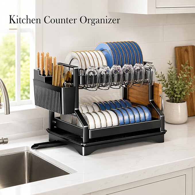 Fandian Black Dish Drying Rack 2 Tier Dish Racks for Kitchen Counter and Sink, Large Dish Drying Rack with Drainboard & Utensil Holders Stainless Steel Dish Drainers Kitchen Organization and Storage - Image 2