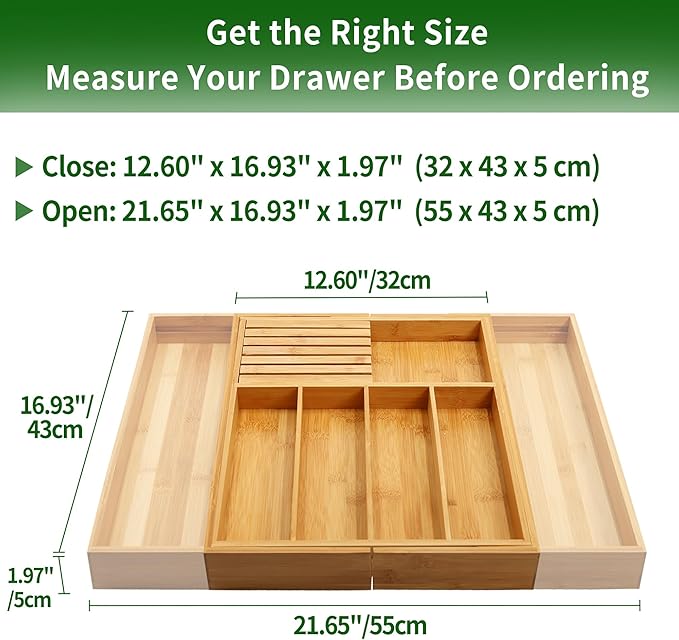 VaeFae Bamboo Silverware Drawer Organizer, 7 Slots, Natural | Expandable Cutlery and Utensil Holder for Silverware, Removable Knife Dividers, 43 cm D x 32-55 cm W, 5-7 Slots, Natural - Image 3