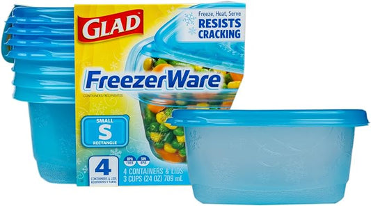 Glad GladWare FreezerWare Food Storage Containers, 24 Oz, 4 Count | Crack-resistant, small rectangle containers for freezing soups and meal prep; microwave and dishwasher safe by GladTrashFoodStorage