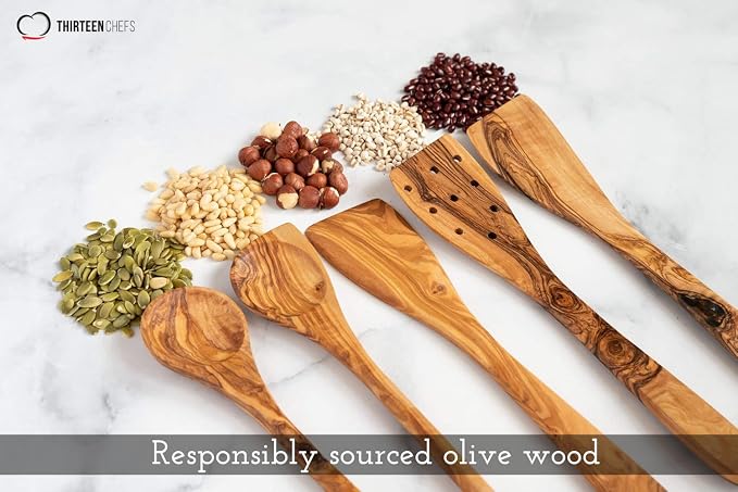 Tramanto Olive Wood Utensil Set - 5 Piece Spatula and Spoon Wooden Cooking Tools, 12 Inch Long, Rustic Hand Made with Gift Box - Image 6