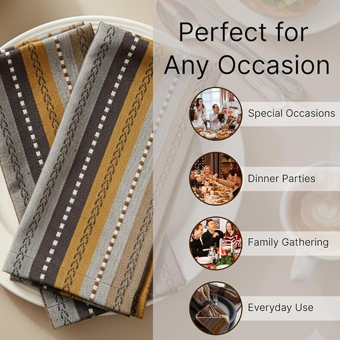 LFH Home Cotton Rich Cloth Salsa Napkin Set of 24 Washable Soft Durable Striped Table Napkins for Dining Wedding, Daily Use Reusable Eco-Friendly Napkins for Elegant Table Settings(18x18)- Brown - Image 5