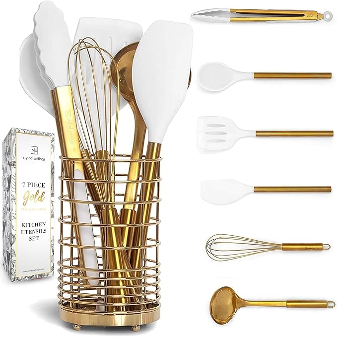 Styled Settings White and Gold Kitchen Utensils Set with Holder, 7-Piece | Silicone Cooking Tools with Gold Utensil Holder - Luxury Kitchen Accessories for Stylish Cooking and Serving by STYLEDSETTINGS