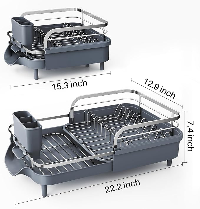 SAYZH Expandable Dish Drying Rack for Small Kitchen Counter, Grey | Stainless Steel, Protective Guardrail, Angled Drainboard, Fits High-Rim Sinks, Removable Utensil Holder - Image 4