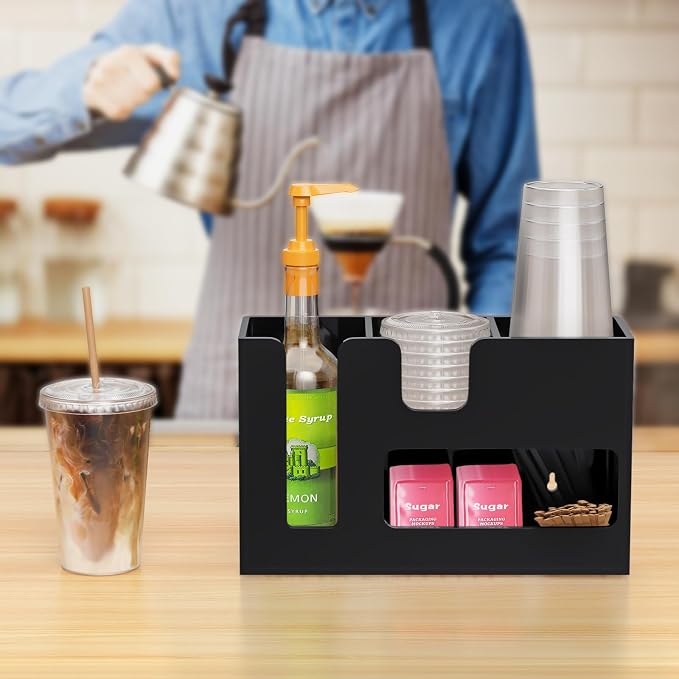 2-Tier Coffee Station Organizer for Countertop, 4 Compartments Black Acrylic Cup and Lid Holder Tea Condiment Storage Upright Coffee Bar Organizer Pod Dispenser for Office Breakroom Home Kitchen - Image 8