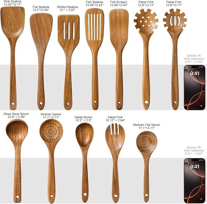 Wooden Spoons for Cooking, 12-Piece Teak Wood Kitchen Utensil Set, Nonstick Safe Wooden Spatulas and Spoons, Smooth Heat-Friendly Cooking Utensils for Everyday Meals (A12) - Image 7