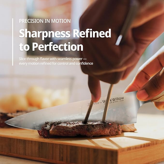WICKWILLOW 8” Chef Knife – Swedish Steel, Professional, Olive Wood | Ideal for meat, vegetables and daily prep. Hand wash only. Gift box included. | Jarniva Series - Image 7