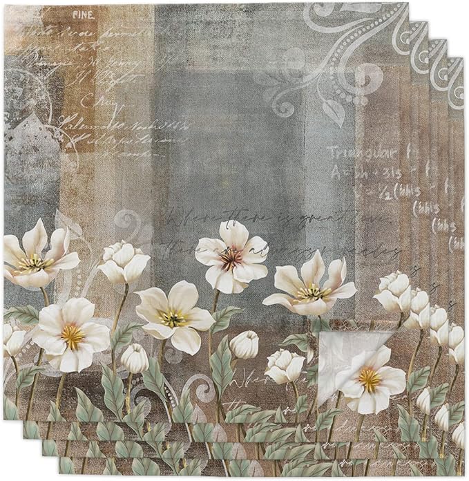 White Flower Cloth Napkins Set of 4, Rustic Floral Brown Grey Abstract Oil Paining Dinner Napkins Cloth Washable, Cocktail Napkins Reusable for Wedding, Party, Birthday (20"x20") by Unknown