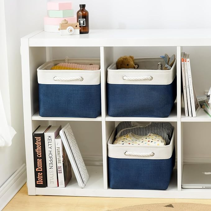 Collapsible Storage Bin for Shelves - Large 3 Pack 16x12x8 inch Storage Basket for Organizing with Handles, Canves Storage Box for Organizer Toy Closet Cloth Gift (White & Jean Blue) - Image 2