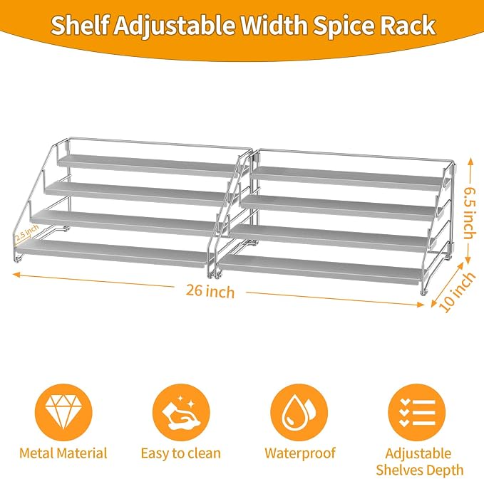 BOIVSHI Spice Rack for Cabinet, 4 Tier Spice Rack, Space-saving, Gray | Metal Spice Shelf Depth Adjustable, 2 Pack Spice Organizer for Cabinet, Countertop, Pantry, Tool-free and Screw-free Assembly - Image 4