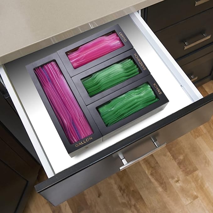 Bamboo Bag Organizer (4 Pieces Set) and Wrap Dispenser Bundle for Kitchen Drawer (Black) - Image 2