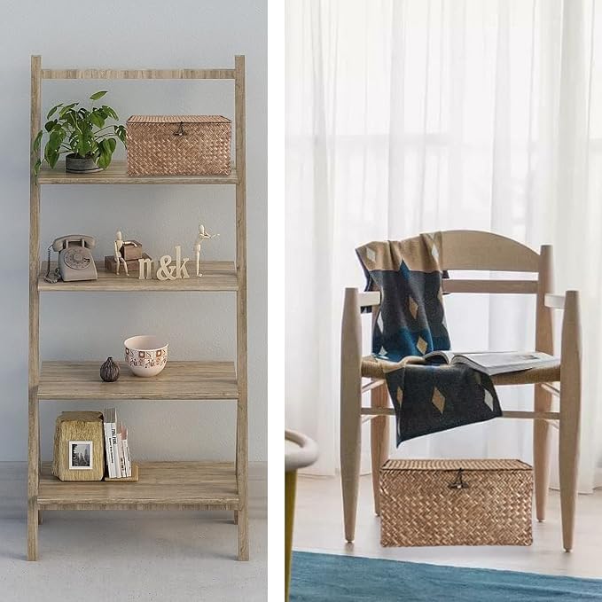 Hipiwe Wicker Shelf Baskets Bin with Lid Large Handwoven Basket Box, Coffee | Natural Seagrass Storage Baskets, Rectangular Household Basket Boxes for Shelf Wardrobe Home Organizer - Image 2