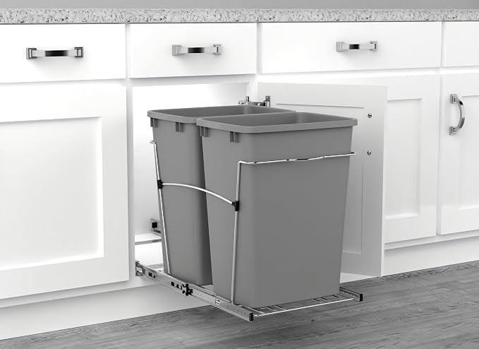 Rev-A-Shelf Double Pullout Garbage Trash Cans for Kitchen Cabinets, 35 Qt | Large Capacity Waste/ Recycling Bins, Heavy Gauge Wire Construction, with Full Extension Slides, Silver, RV-18KD-17C S - Image 6