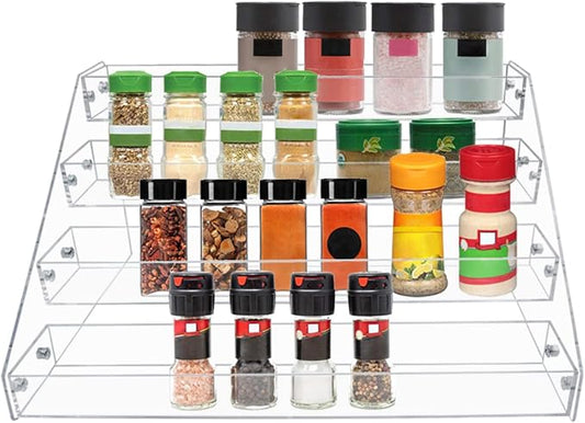 PMMASTO Tiered Spice Rack, Seasoning Organizer, Clear Acrylic Vertical Shelves Can Organizer for Countertop, Cabinet, Pantry, Kitchen Organization and Storage - 4 Tier by PMMASTO
