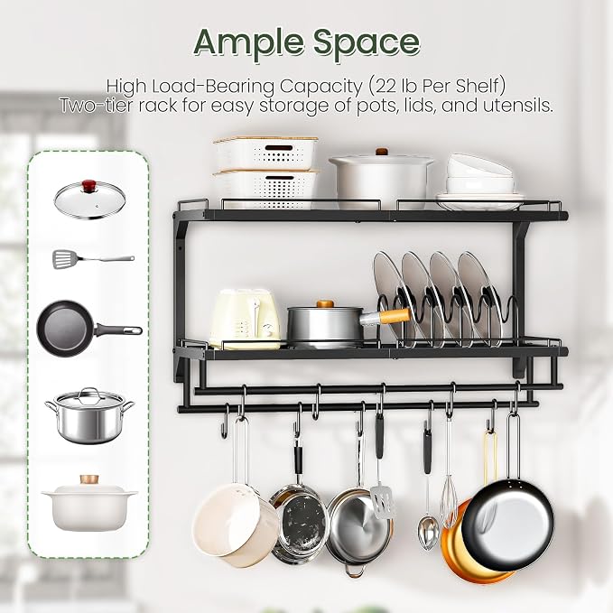 Pot Rack, Wall Mounted Pan Holder, 2-Tier Pot and Pan Organizer, Pot Hanger with 10 S-Shaped Hooks, Cookware Organizer with 5 Removable Metal Wire Dividers, Black TPR35BB - Image 6