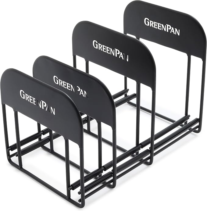 GreenPan Stainless Steel Wire Cookware Storage Rack, 5 Frying Pan Compartments, Countertop or Cabinent Organizer, Minimizes Clutter, Fast Drying, Wipes Clean, Black by GreenPan