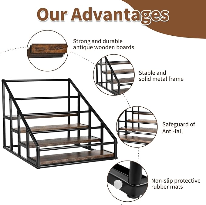 YQBRAO 4-Tier Coffee Syrup Organizer, 16-Bottle Rack, Rustic Brown | Holds up to 16 bottles with stepped visibility; rustic wood and metal design for syrups, kitchens, and home coffee bars. - Image 4