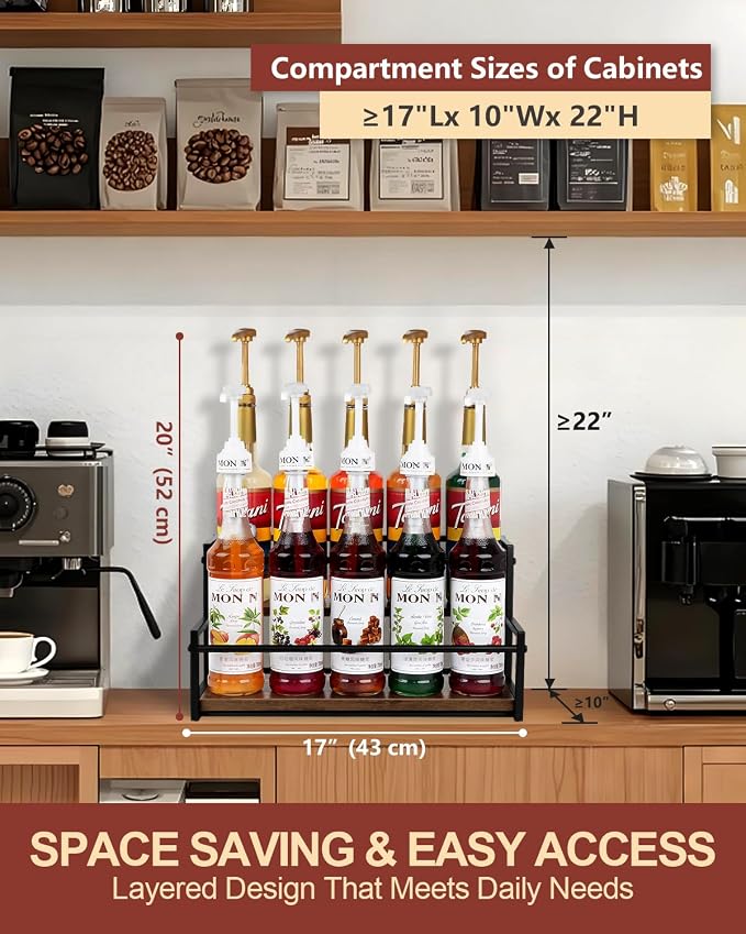 Coffee Syrup Organizer, 2-Tier Holds 10 Bottles Rack | Warm Rustic Thick Wood & Steel Frame, Easy to Clean & Assemble, Sturdy for Coffee Bars, Dirty Soda Bars & Countertops - Image 2