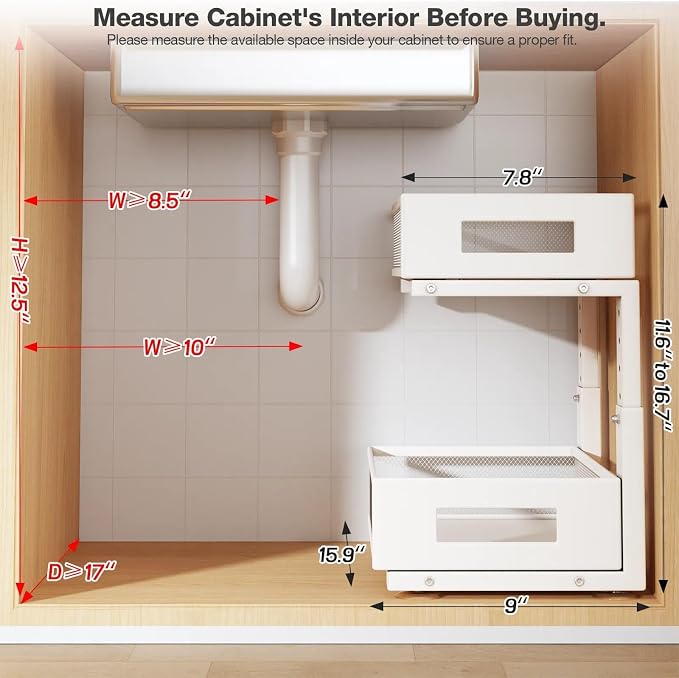 Under Sink Organizer, 2-Tier Dual Pull Out Cabinet Organizer Drawers With Smooth Circular Rail, Large Capacity Metal Mesh Sliding Shelves For Bathroom& Kitchen Storage,Height Adjustable–White,1 Pack - Image 2