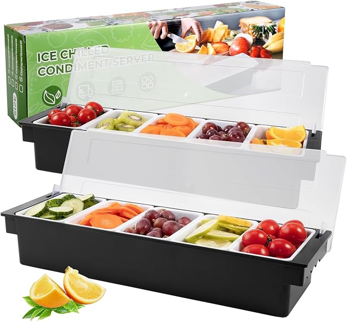 Ice Cooled Condiment Caddy Set of 2 with Lid, 5 Compartments | Ice chamber, keeps fruit & toppings chilled, 5 separate sections, removable trays, no-leak base, for bars, buffets, parties by POWLAB