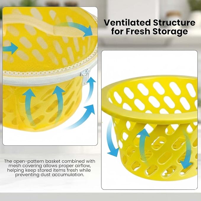 Go Hooked Plastic Storage Net Basket with Zip Closure – Multipurpose Mesh Organizer for Fruits, Vegetables, Essentials – Durable, Lightweight & Breathable Design for Home & Pantry Use (Yellow) - Image 2