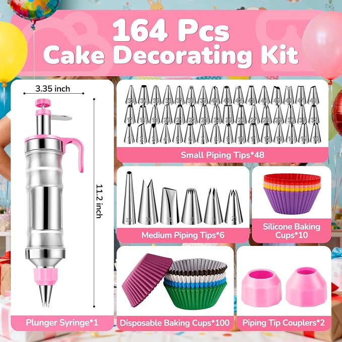 Cake Decorating Tools Supplies Kit: 164pcs Baking Accessories, Dessert Piping Syringe and Icing Tips Set - Puffs Cupcake Frosting Piping Bakery Set for Adults Beginners or Professional, Pink - Image 4