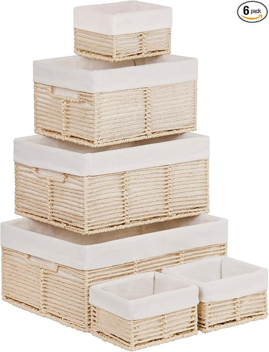 Wicker Storage Baskets, 6 Pack Baskets for Organizing, Wicker Basket with Handle, Rectangular Basket for Storage Shelves, Cube Storage Bins for Closet/Clothes/Dresser, Beige by Vagusicc