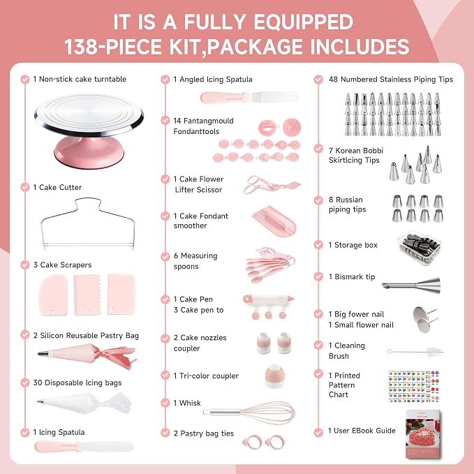 Cake Decorating Kit, 138pcs Cake Decorating Supply with Aluminium Cake Turntable, 64 Numbered Icing Piping Tips, 2 Spatulas, 3 Icing Comb Scraper and Leveller, 32 Piping Bags,cake decorating tool - Image 7
