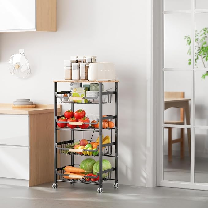NiuYichee 5-Layer Fruit Basket Kitchen Food Storage Organizer and Storage Rack, Stackable Storage cart with Desktop, Pull-Out Hollow Metal Storage Basket, Wheeled Sorting Rack Spice Rack - Image 6