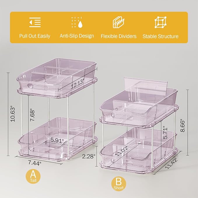 Delamu 2-Tier Under Sink Organizers and Storage, Multi-Purpose Stackable Bathroom Cabinet organizers, Pull Out Kitchen Pantry Organization and Storage with Dividers(2 Pack, Purple) - Image 5