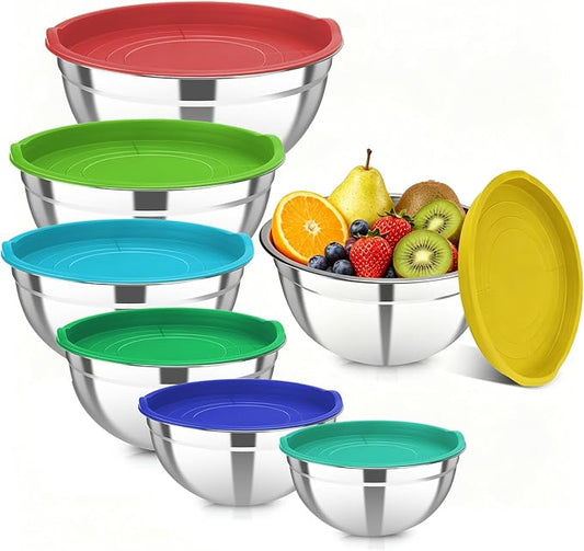 7 Pcs Stainless Steel Mixing Bowls with Colorful Lids Set Metal Salad Bowls | Nesting Design for Kitchen Mixing/preping/Saving, Size: 0.7, 1.1, 1.5, 2.1, 3.5, 4, 4.5Qt by YJSLICT