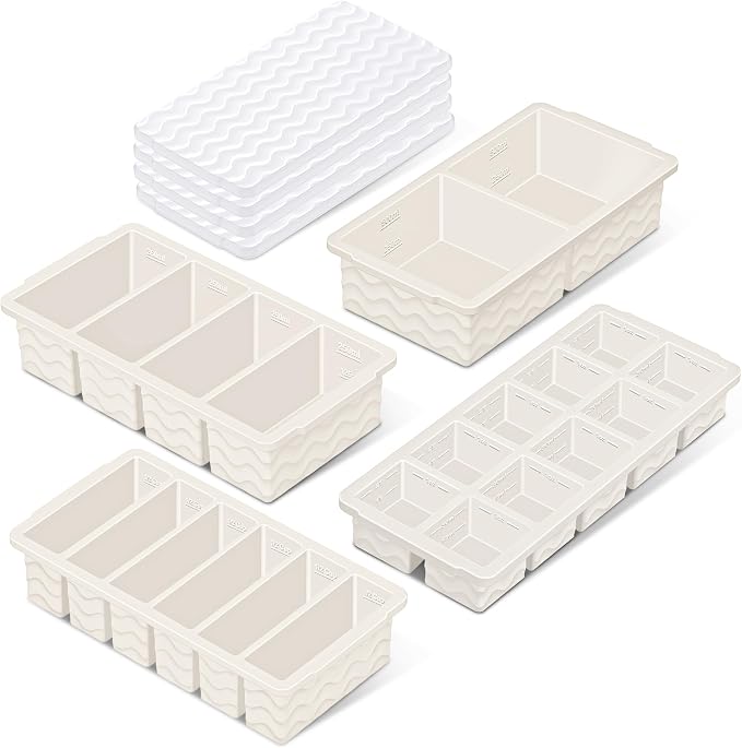 Silicone Freezer Trays with Lid (4-Pack), 1-Cup, 2-Cup, 1/2-Cup & 2-Tbsp Silicone Freezer Molds, Stackable Soup Freezer Meal Prep Containers,Ice Cube Tray for Making Sauce,Smoothies,Yogurt Bites by Doasuwish