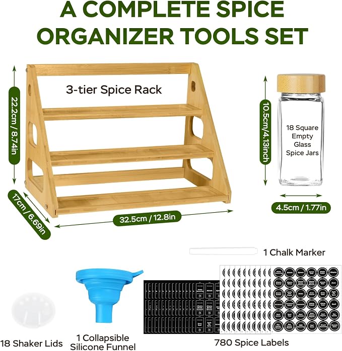 3 Tier Bamboo Spice Rack Organizer with 18 Empty 4 oz Glass Spice Jars | 780 Labels, Wood Shelf, Chalk Marker and Funnel Set for Cabinet Kitchen Countertop - Image 3