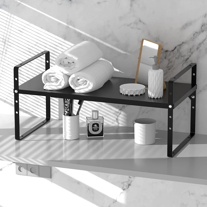 Expandable Cabinet Storage Shelf Organizer Rack, Heavy Duty Steel Metal Spice Rack Adjustable Height Home Office Garage Pantry Shelves for Counter Kitchen Organization, Black, 2 Pack - Image 7
