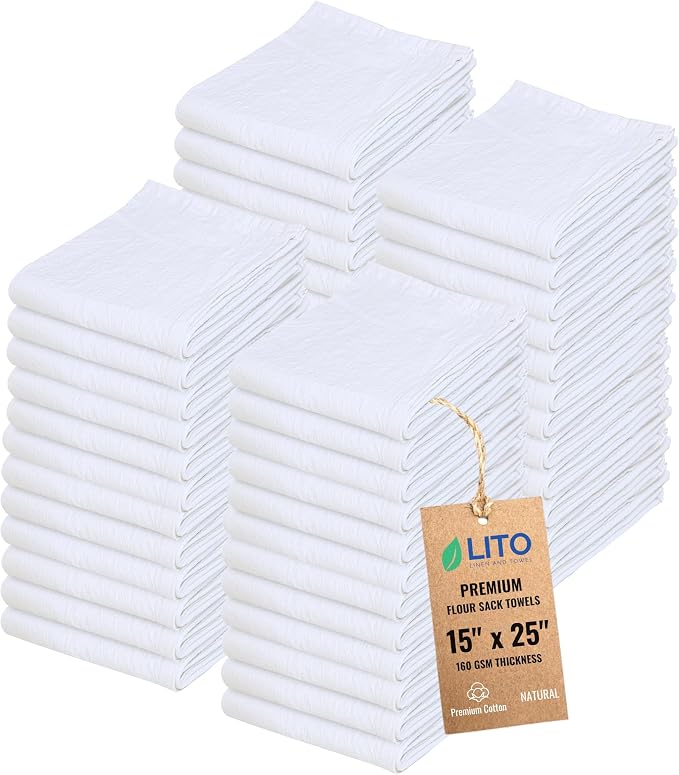 Flour Sack Towels | Tea Towel for Crafts| Kitchen Dish Cotton Blank Towel for Embroidery| Baking Bread Proofing Linen Cover| Thick Absorbent Quick Dry| 50 Pack 15"x 25" Natural by LITOLinenandTowel